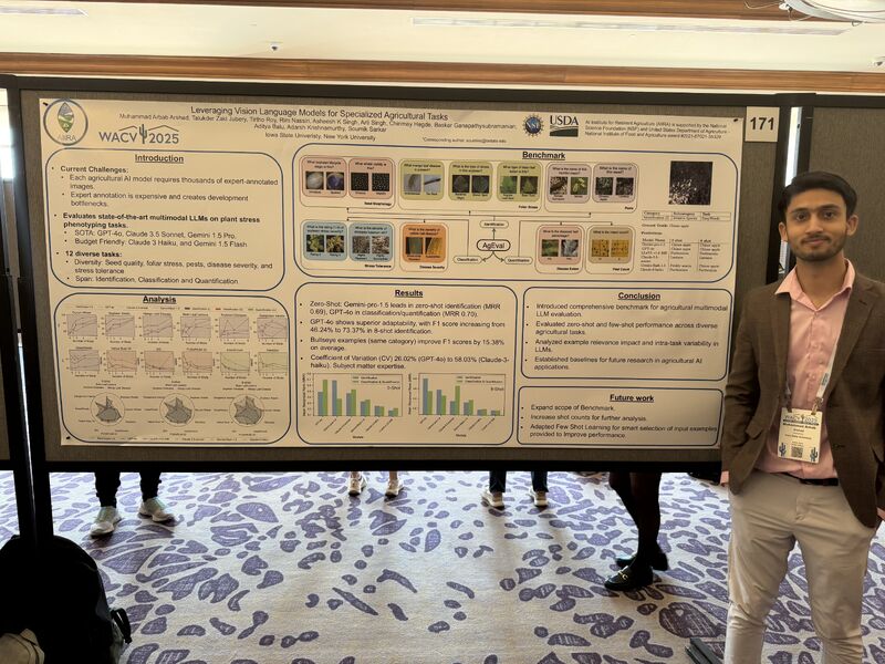 A student with a conference badge standing beside a WACV 2025 poster on board 171.