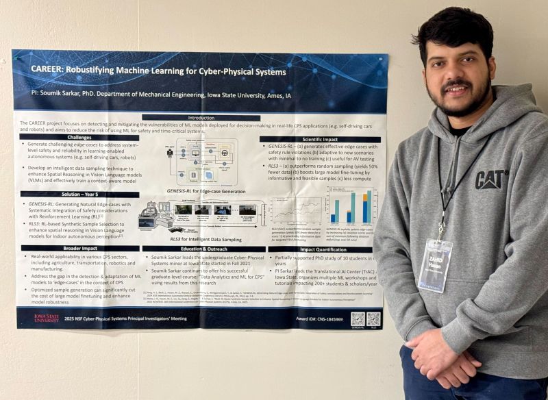 A student wearing a name badge standing next to a poster titled "CAREER: Robustifying Machine Learning for Cyber-Physical Systems".