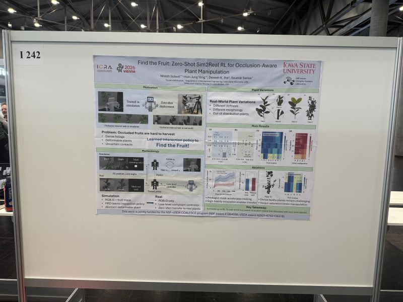 A research poster on board I242 in a conference hall, titled "Find the Fruit: Zero-Shot Sim2Real RL for Occlusion-Aware Plant Manipulation".