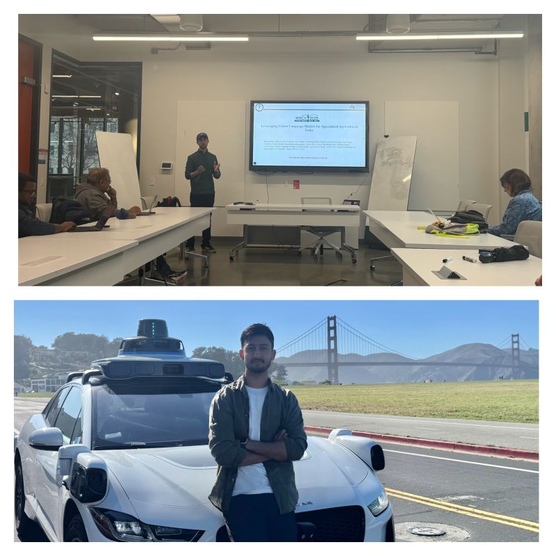 Muhammad Arbab Arshad presenting his Ph.D. thesis defense (top), before moving to the Bay Area to join Waymo (bottom).